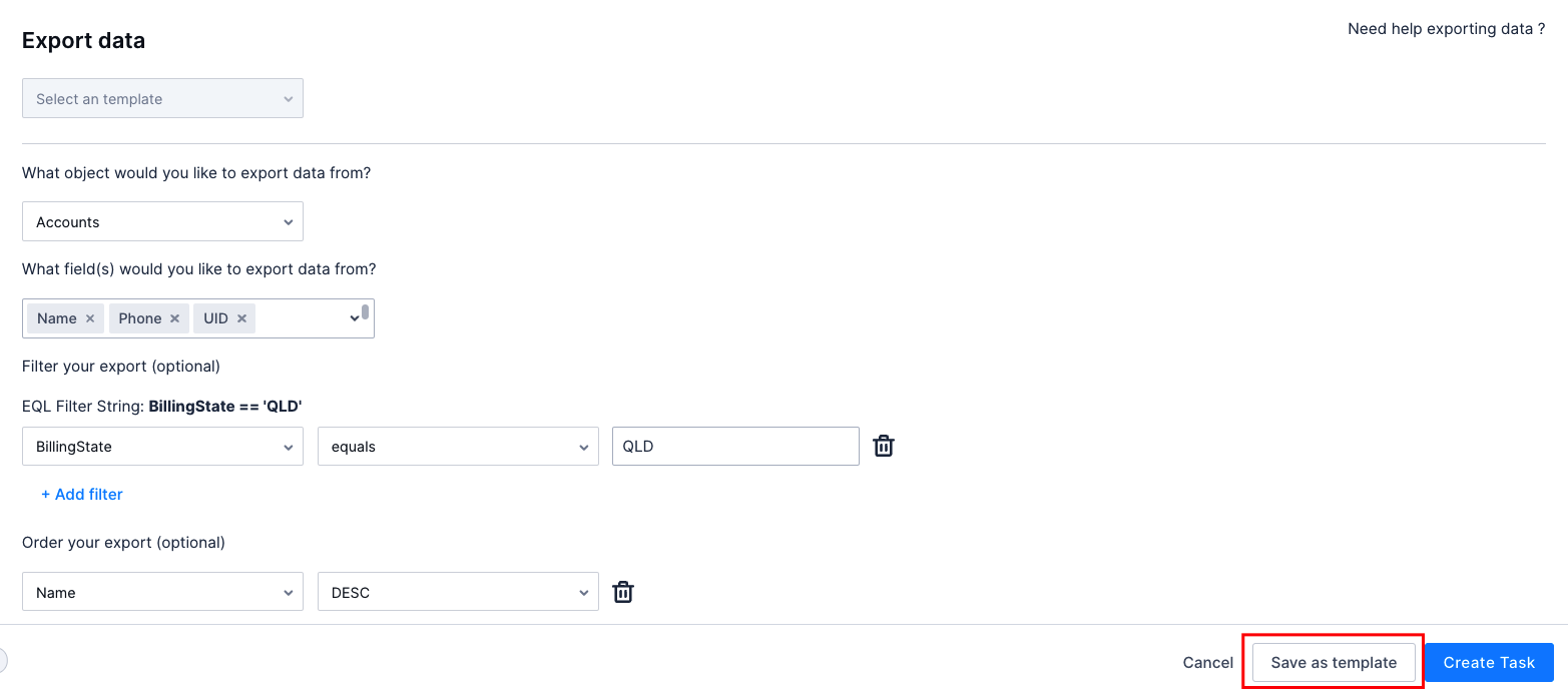 The Export data page with the Save as template button highlighted.