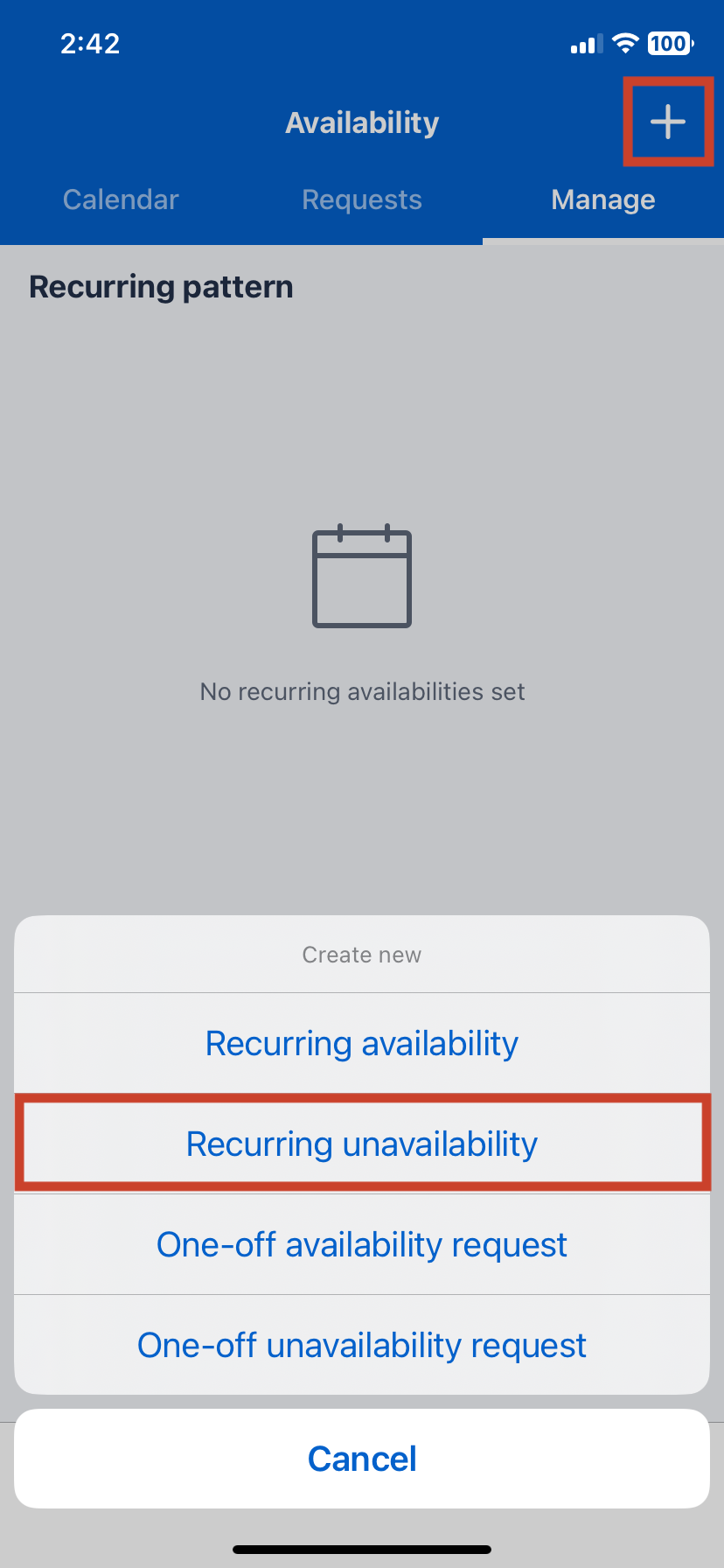 The create new recurring unavailability option menu in the Skedulo Plus mobile app.