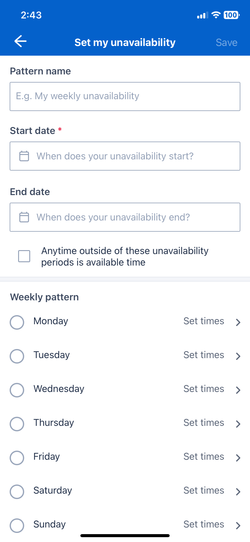 The set my unavailability form in the Skedulo Plus mobile app.