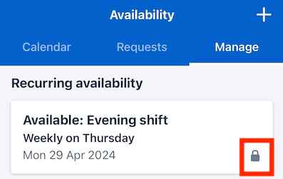 The lock icon on a recurring unavailability pattern card in the Skedulo Plus mobile app.