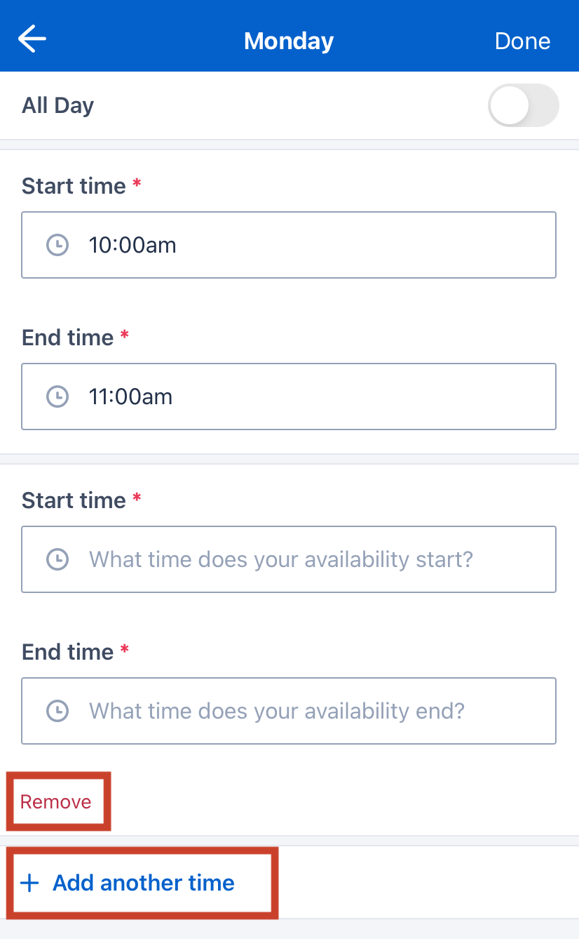 The time picker for setting the start and end times for a recurring availability pattern in the Skedulo Plus mobile app.