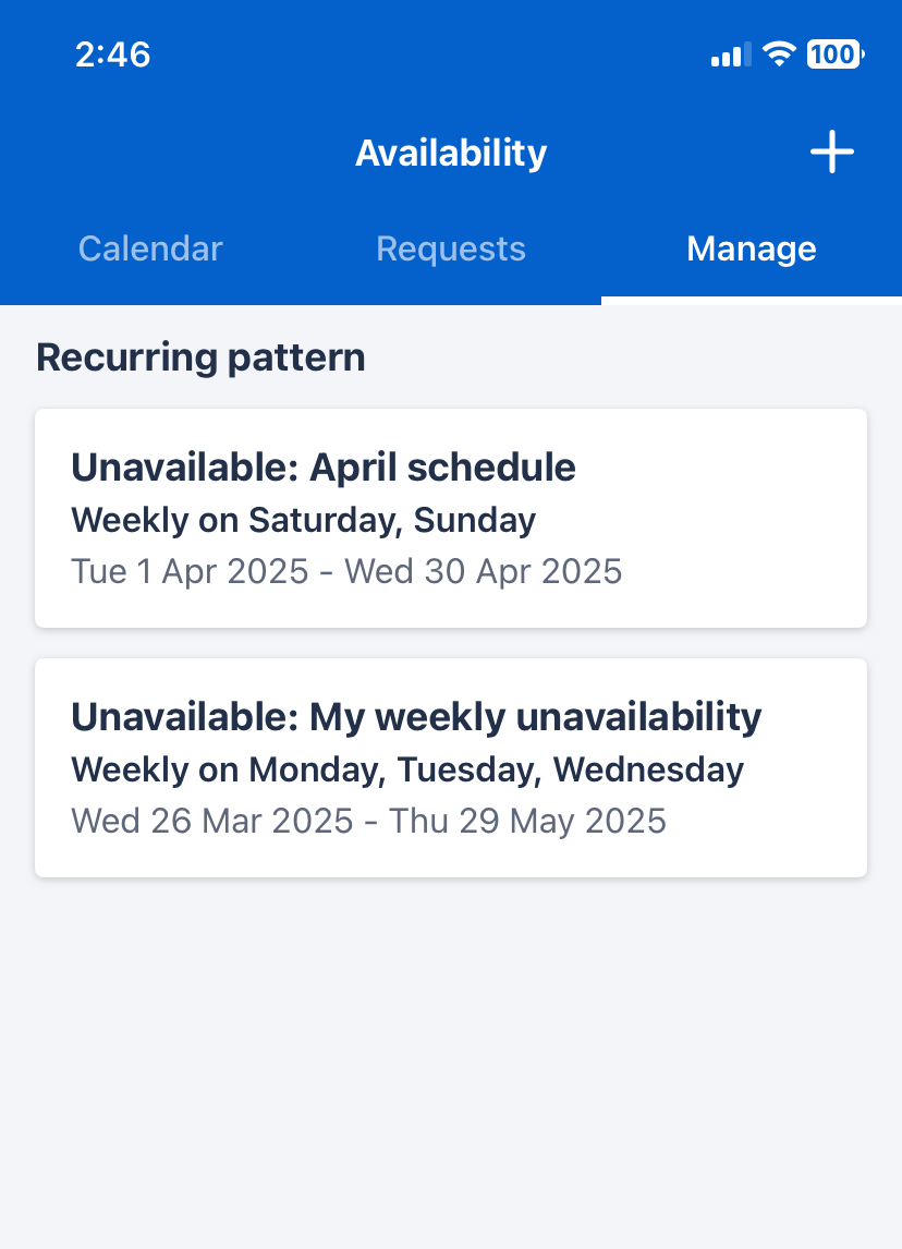 The recurring unavailability pattern card in the Skedulo Plus mobile app.