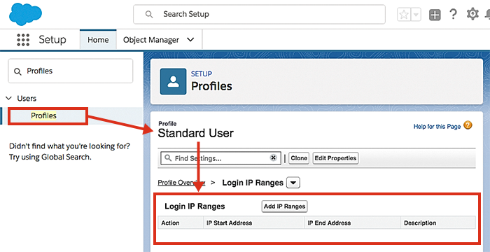 Accessing the login ip ranges in a user’s profile.