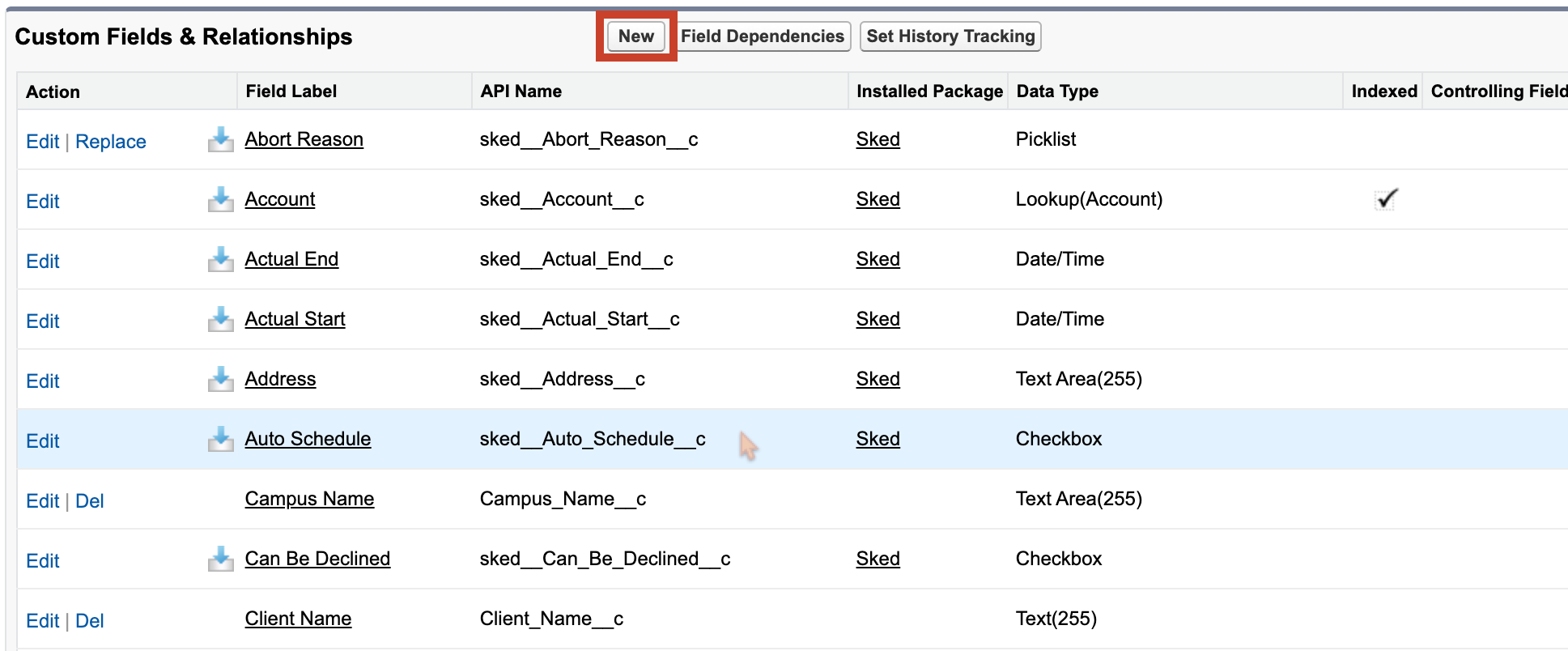 An example showing how to locate the object named job using Salesforce Classic.