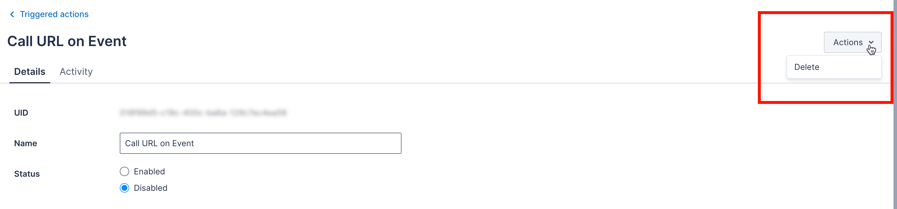 The actions > delete button