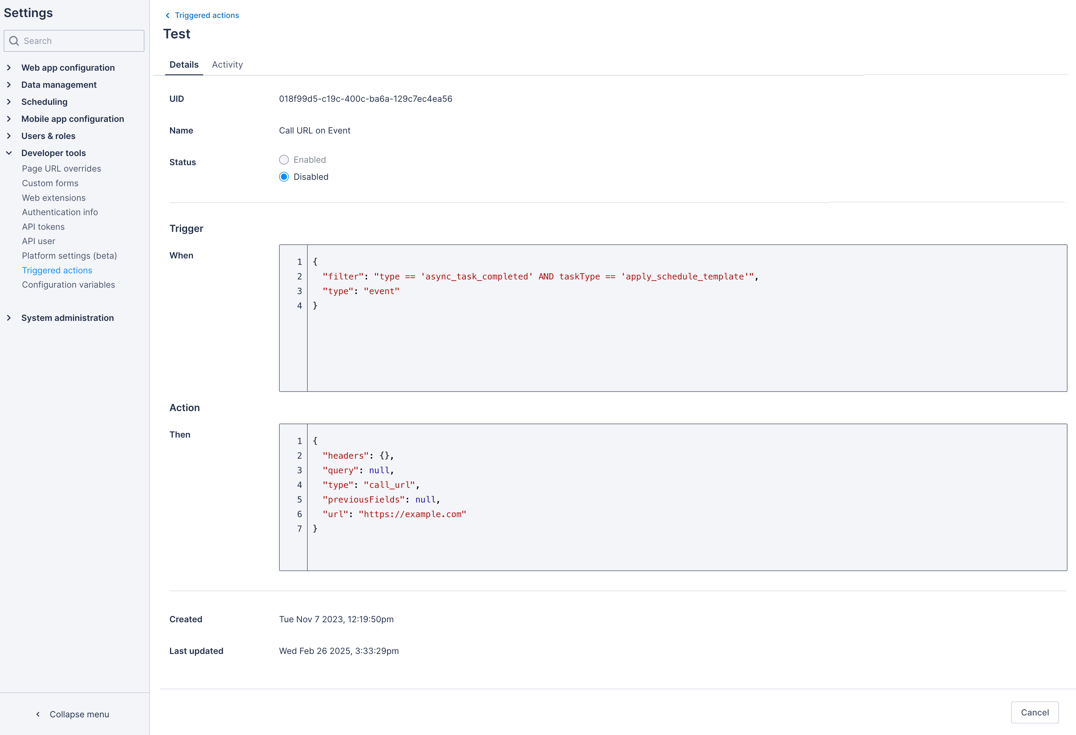 The triggered action details read-only page