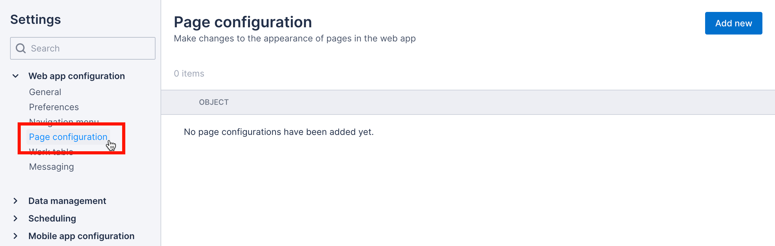 Page config option in settings
