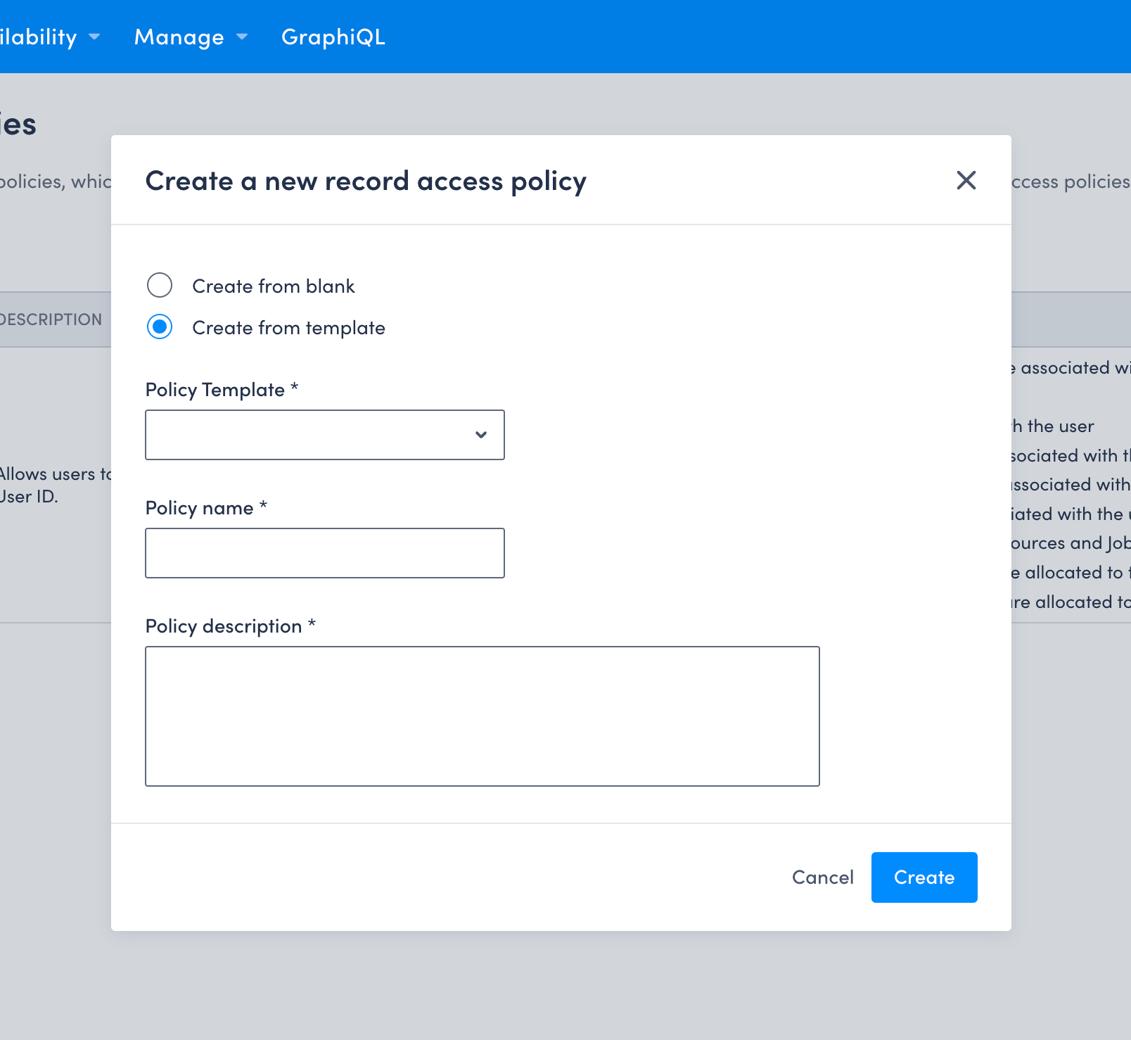 The create policy dialog with “Create from template” selected.