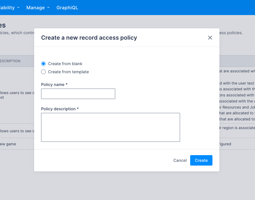 The create policy dialog with “Create from blank” selected.