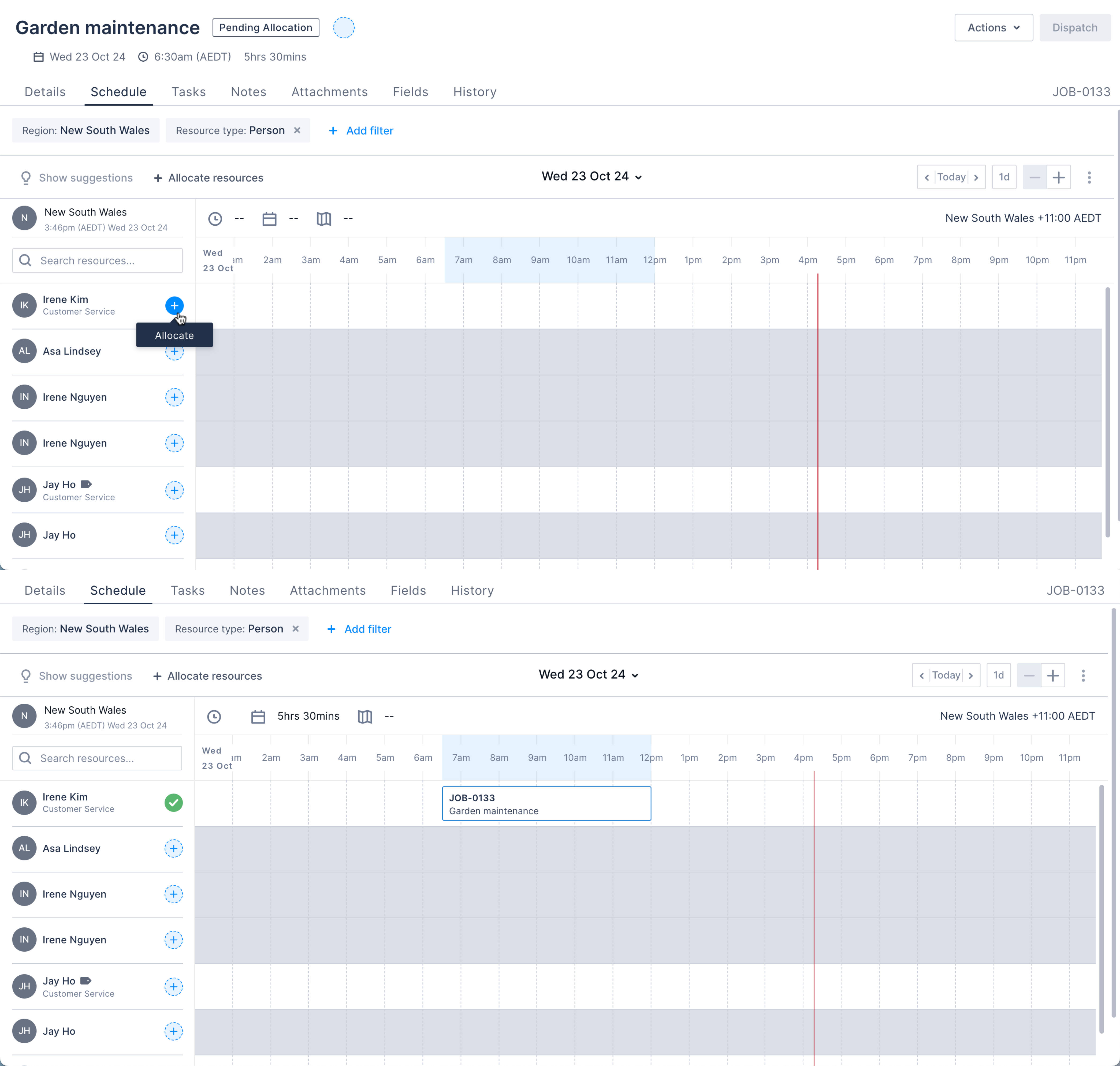 The Schedule tab on the work details page.