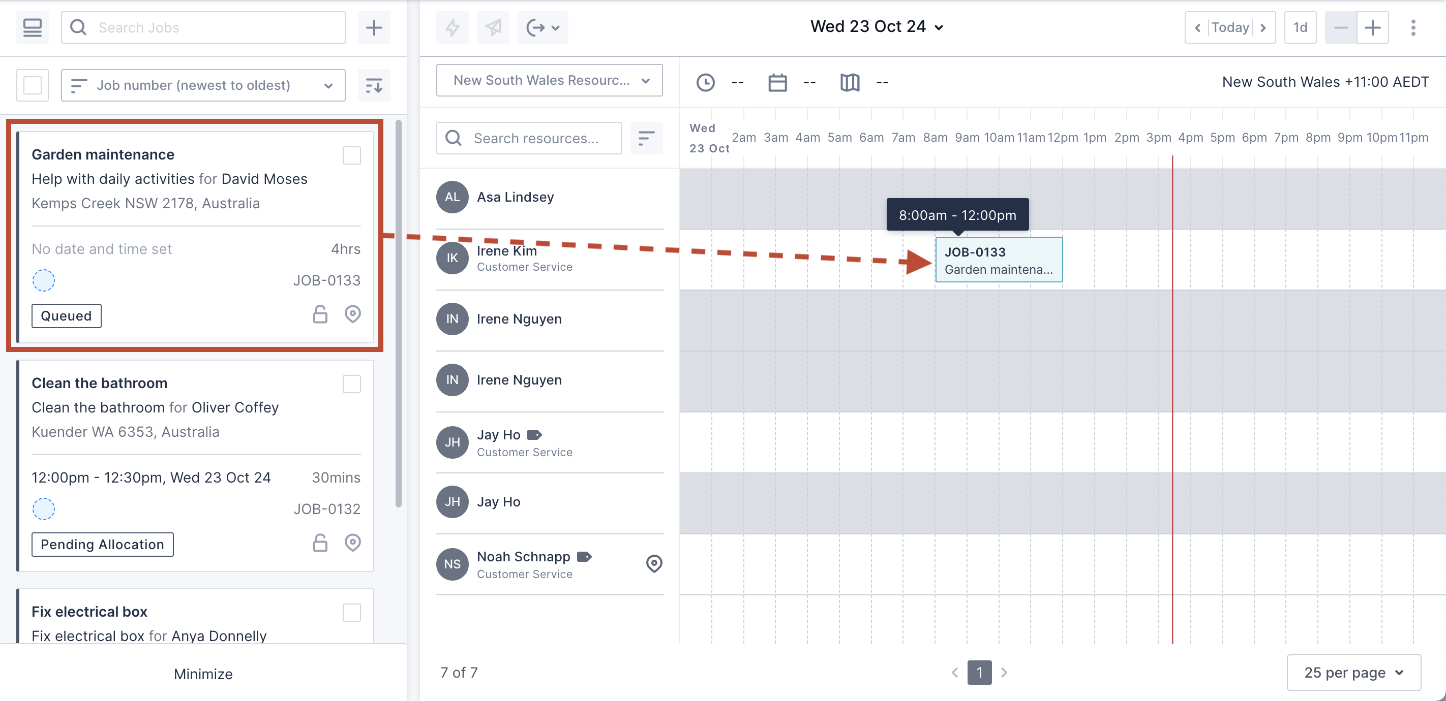 The drag-and-drop method to place a work card into a swimlane.