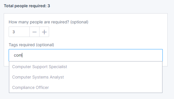 The “Tags required” field with three auto-suggested options in the drop-down
