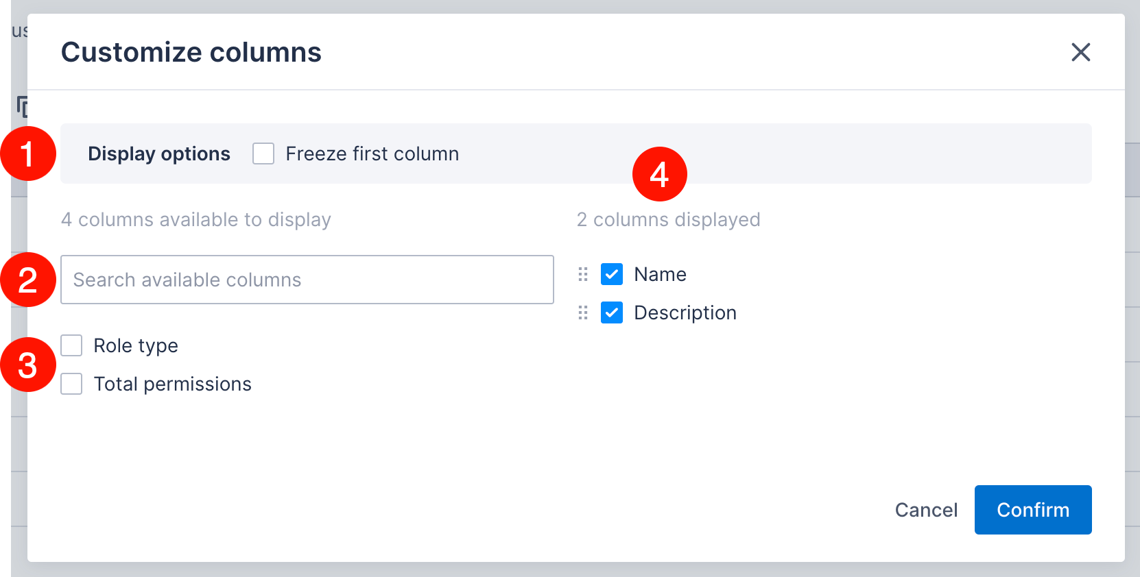 The Columns menu with the columns option highlighted and numbered callouts.