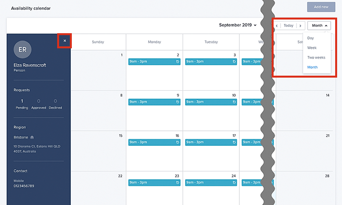 An individual’s availability for a month. Note the location of the small exit button above the user’s profile panel.