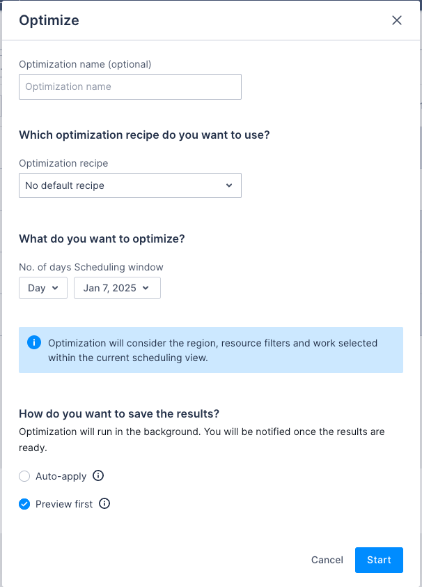 optimize settings modal