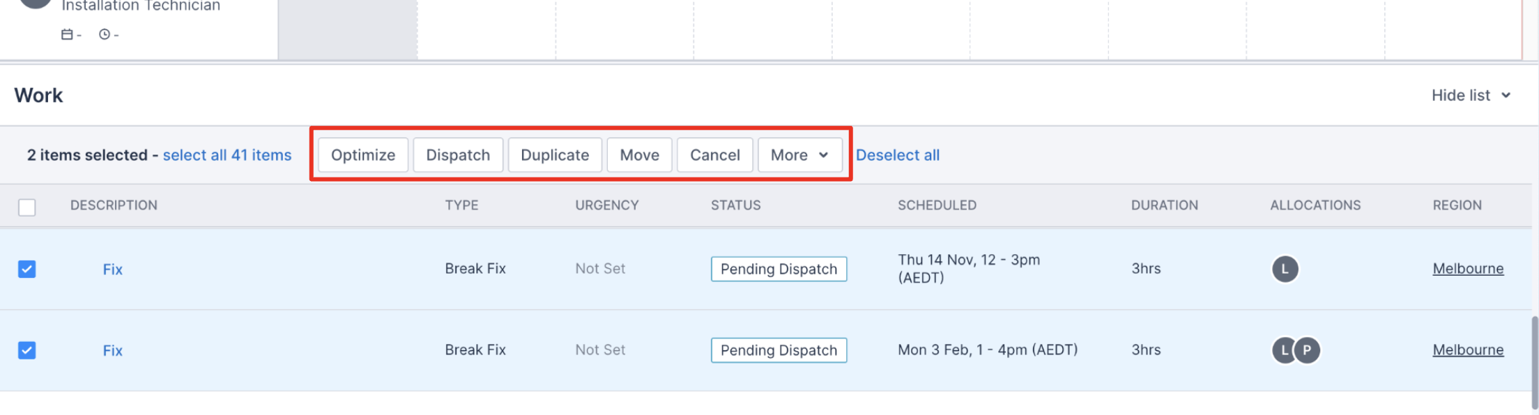 Action buttons in the swimlane