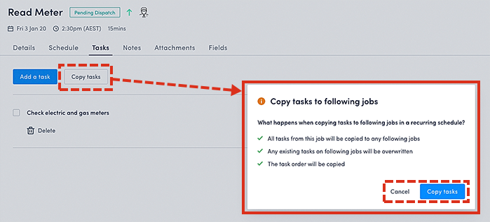 The confirmation pop-up for copying tasks in a recurring schedule.