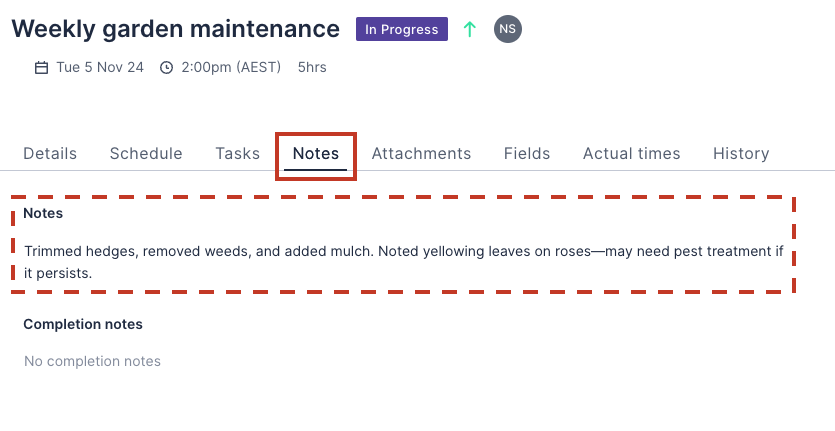 A synchronized note displayed on the job page in the web app.