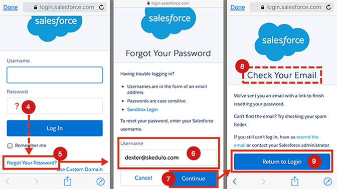 Resetting a Skedulo user’s Salesforce password, using the Skedulo mobile app.
