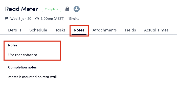A synchronized note displayed on the job page in the web app.