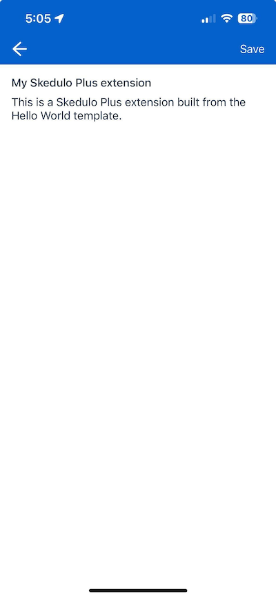 The extension showing the “My Skedulo Plus extension title” title configured in the ui_def.json file