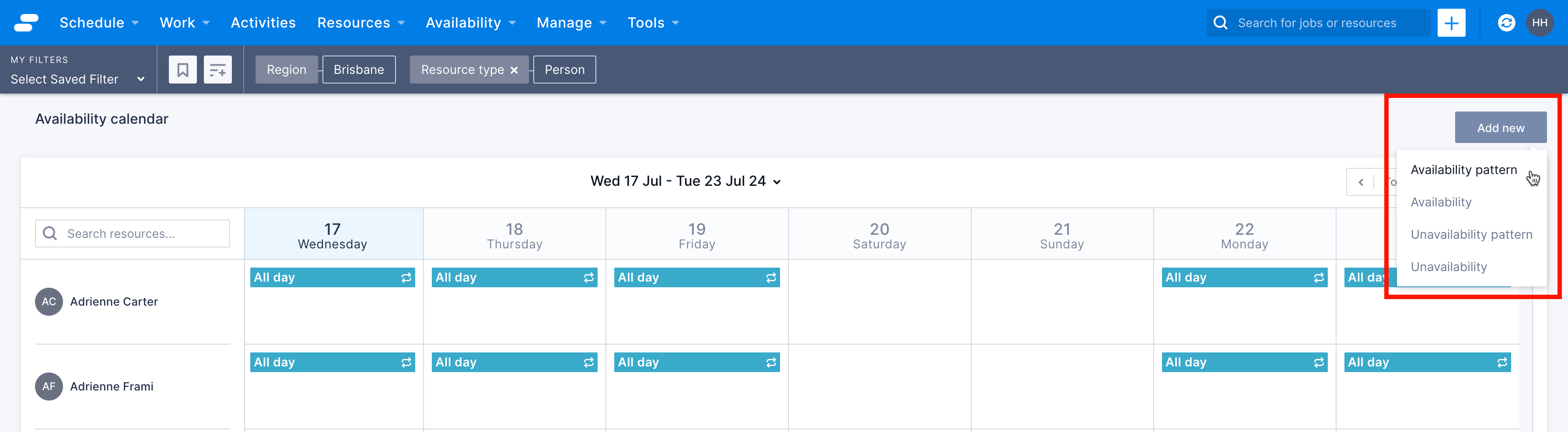 Availability console with Add new options displayed
