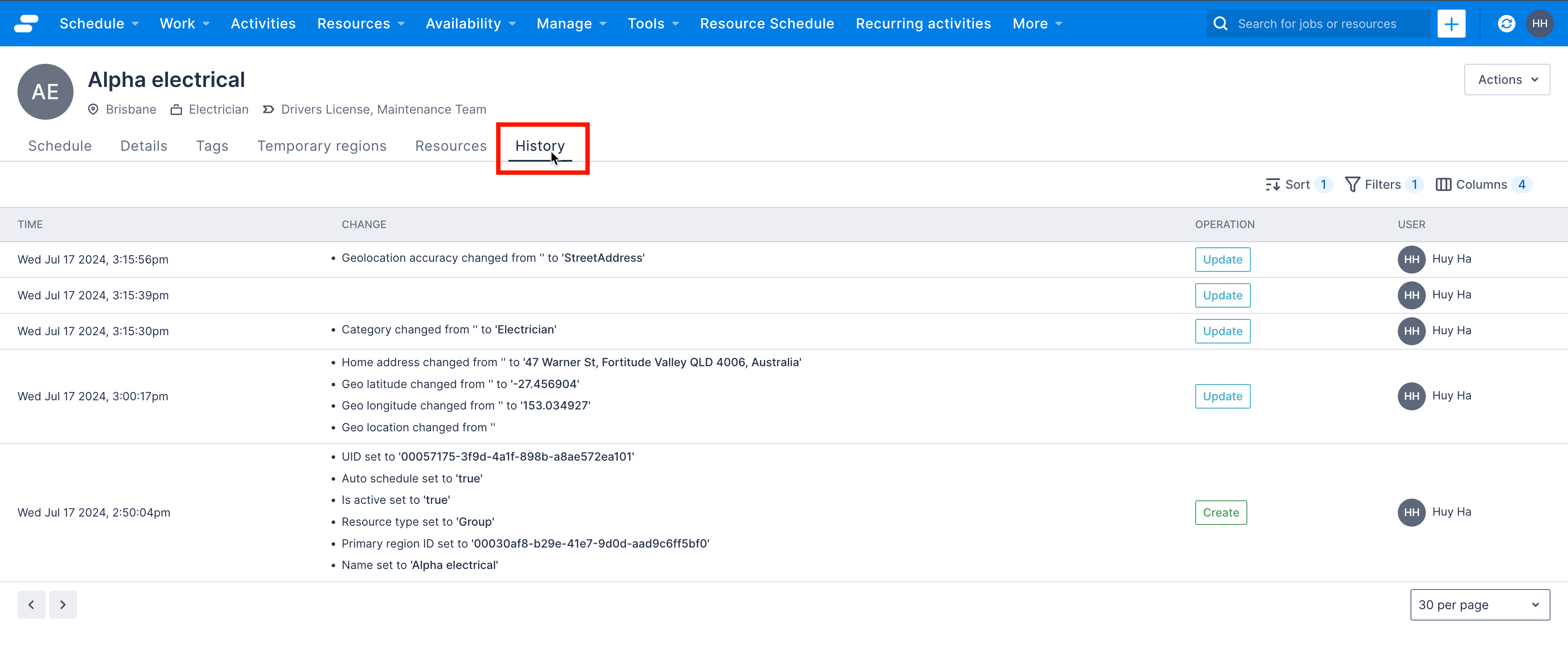 The team’s history page