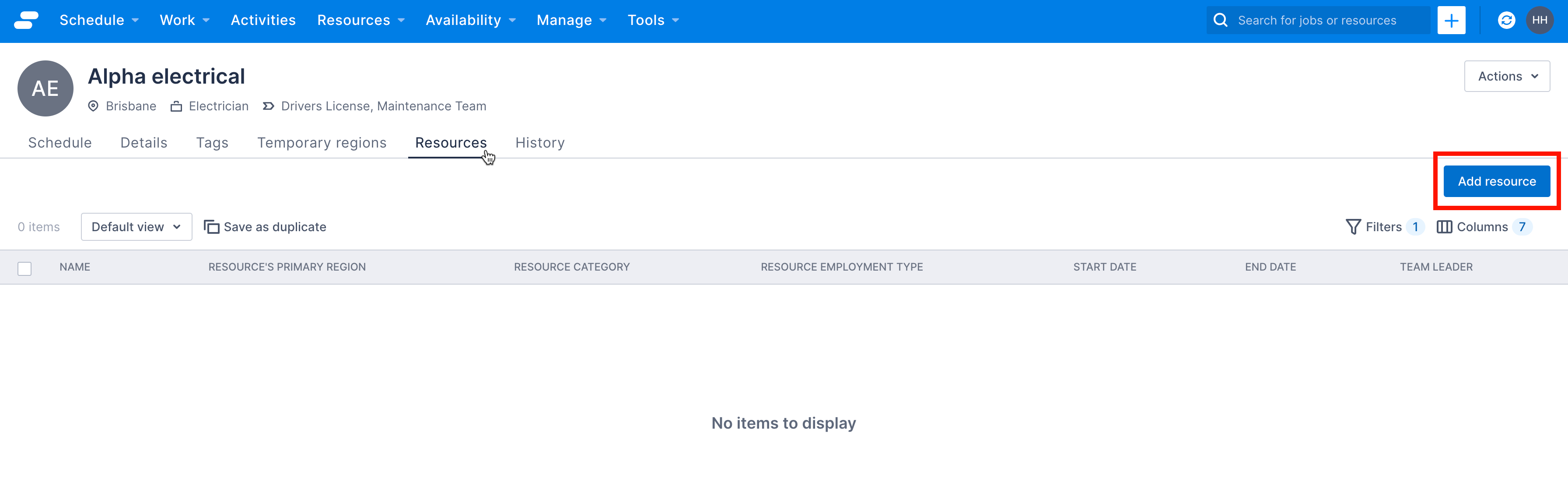 The team’s Resources tab with the Add resource button highlighted