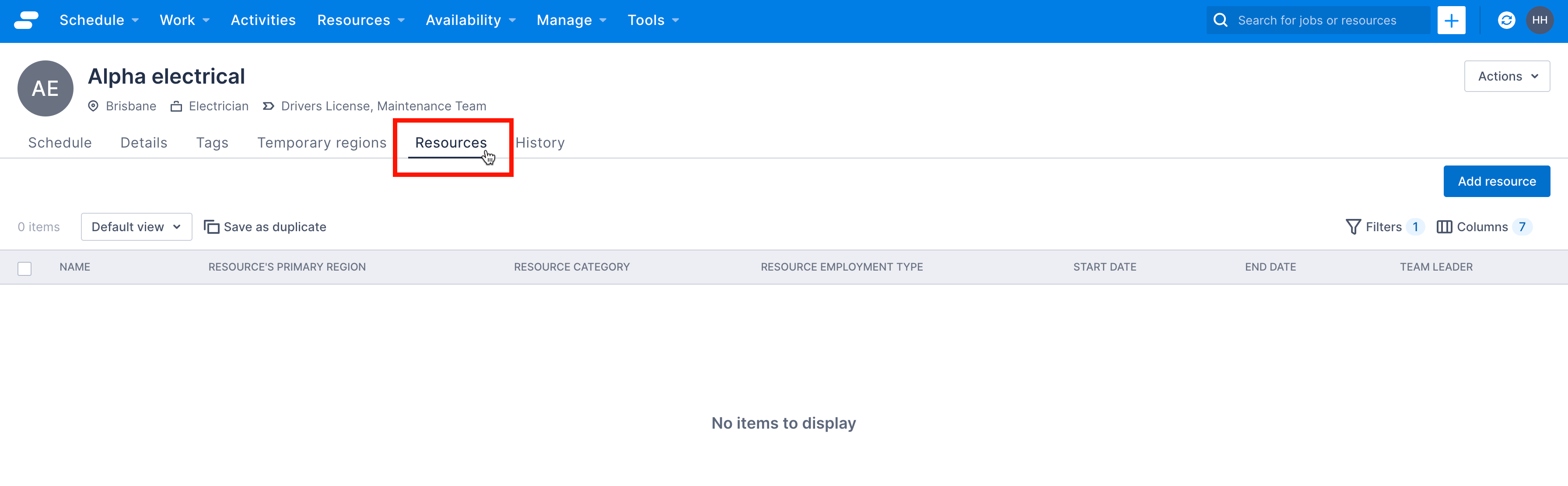 The team’s resources tab page with no records showing